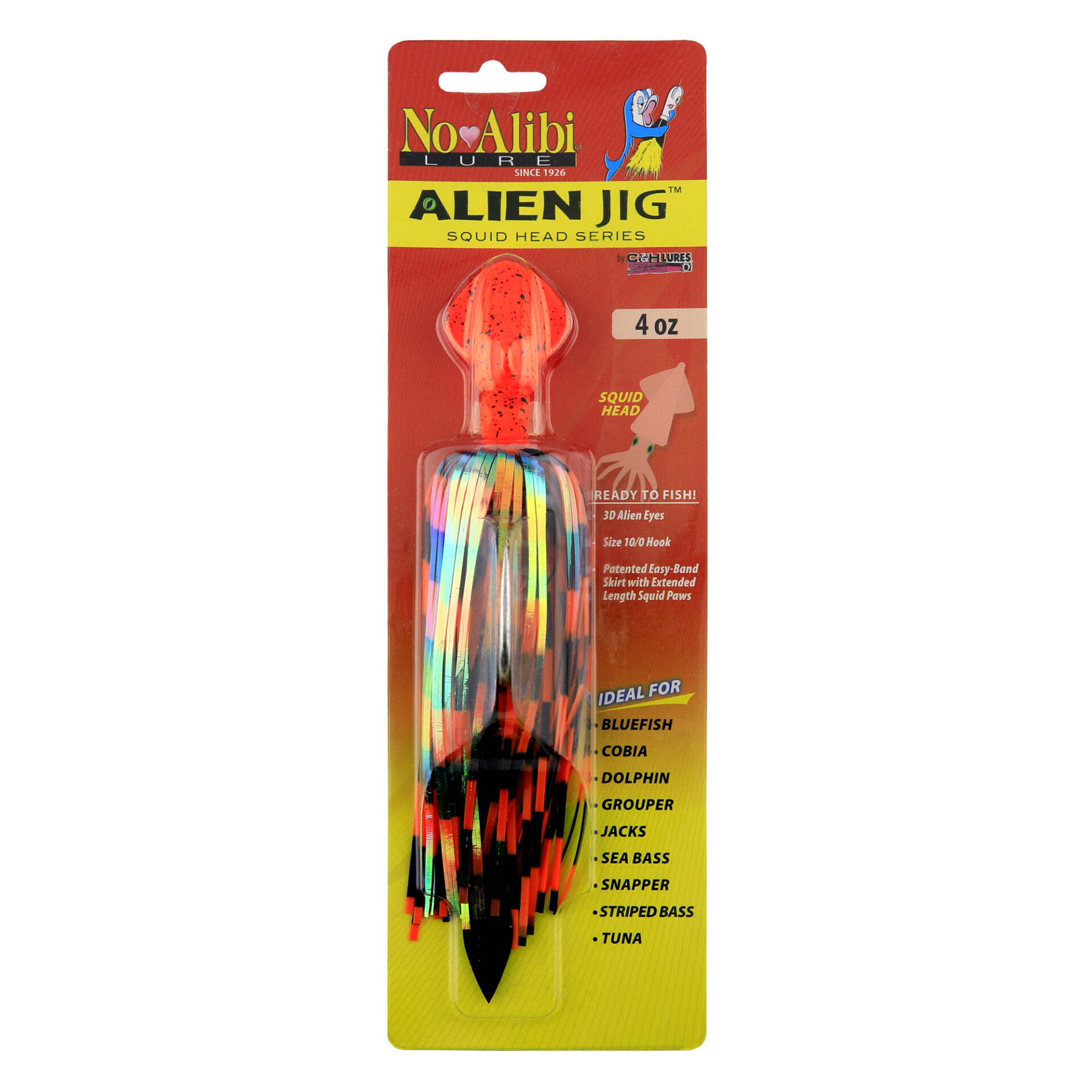 No Alibi, Alien Jig - Squid Head, 4 oz / 113.4 g, Orange/Black Speckle Head, Orange/Black Holo Skirt, Black Squid Paws, 10/0 Hook - Image 2