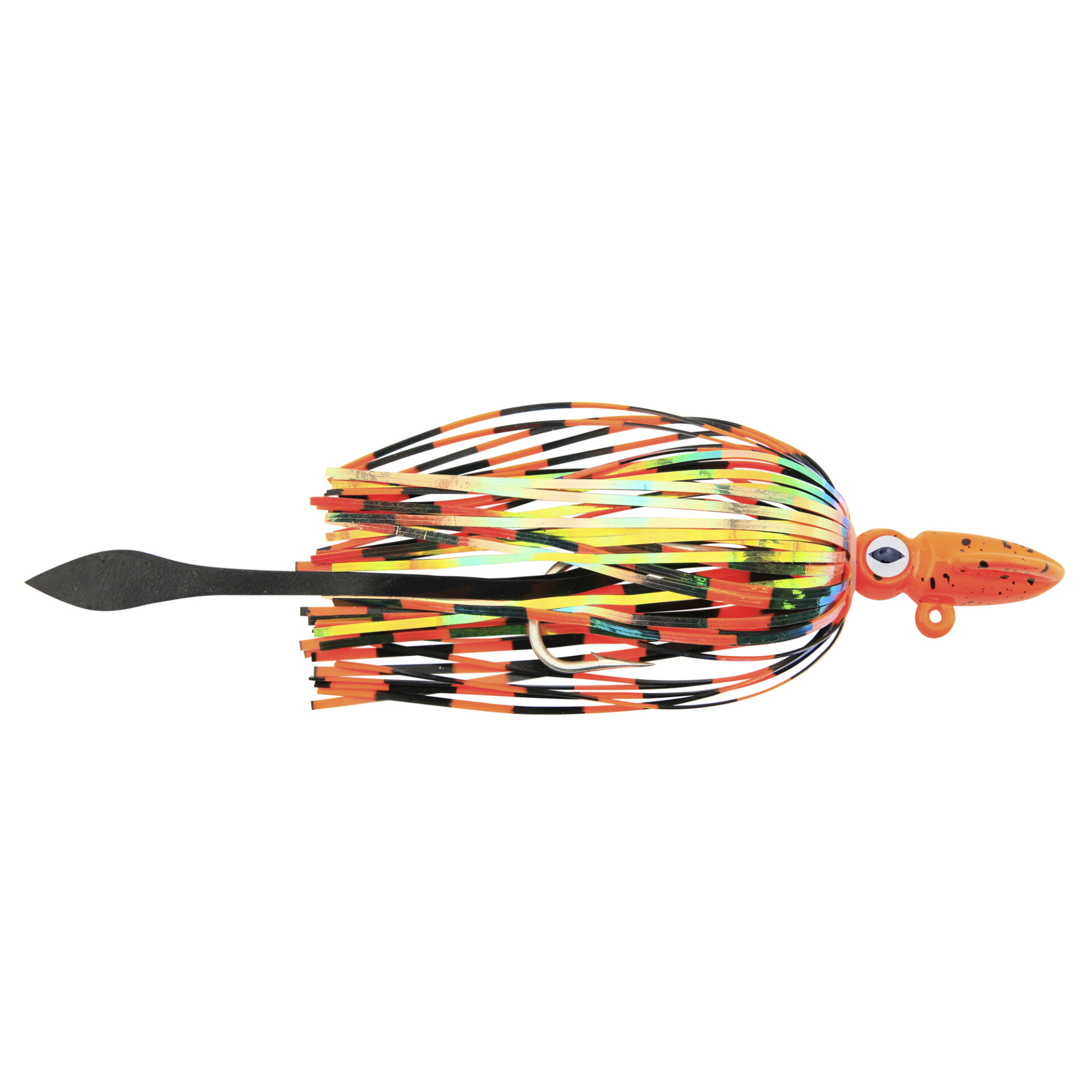 No Alibi, Alien Jig - Squid Head, 4 oz / 113.4 g, Orange/Black Speckle Head, Orange/Black Holo Skirt, Black Squid Paws, 10/0 Hook