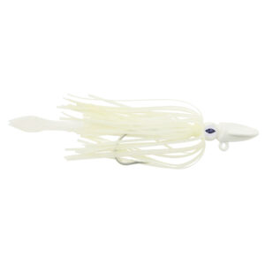 No Alibi, Alien Jig - Squid Head, 4 oz / 113.4 g, Glow Pearl White Head, Fluorescent White Skirt and Squid Paws, 10/0 Hook
