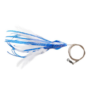 No Alibi, Dolphin Delight Rigged & Ready, Blue/White Skirt, 1/2 oz / 14.1 g Lead Head, 4.5 in / 11.4 cm, 7/0 Mustad Hook, AFW Swivel, 135 lb / 61 kg AFW Cable, 3 ft / 0.9 m