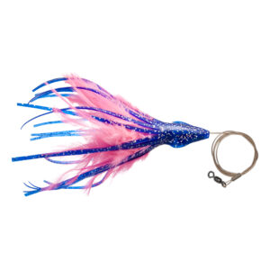 No Alibi, Dolphin Delight Rigged & Ready, Blue/Pink Skirt, 1/2 oz / 14.1 g Lead Head, 4.5 in / 11.4 cm, 7/0 Mustad Hook, AFW Swivel, 135 lb / 61 kg AFW Cable, 3 ft / 0.9 m