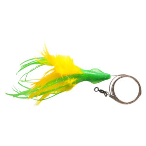 No Alibi, Dolphin Delight Rigged & Ready, Green/Yellow Skirt, 1/2 oz / 14.1 g Lead Head, 4.5 in / 11.4 cm, 7/0 Mustad Hook, AFW Swivel, 135 lb / 61 kg AFW Cable, 3 ft / 0.9 m