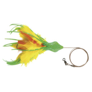 No Alibi, Dolphin Delight Rigged & Ready, Green/Yelow/Red Skirt, 1.5 oz / 42.5 g Lead Head, 6 in / 15.2 cm, 7/0 Mustad Hook, AFW Swivel, 135 lb / 61 kg AFW Cable, 3 ft / 0.9 m