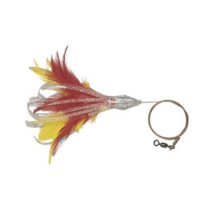 No Alibi, Dolphin Delight Rigged & Ready, Silvr/Red/Yel Skirt, 1/2 oz / 14.1 g Lead Head, 6 in / 15.2 cm, 7/0 Mustad Hook, AFW Swivel, 135 lb / 61 kg AFW Cable, 3 ft / 0.9 m