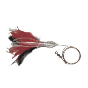 No Alibi, Dolphin Delight Rigged & Ready, Silvr/Blk/Red Skirt, 1/2 oz / 14.1 g Lead Head, 4.5 in / 11.4 cm, 7/0 Mustad Hook, AFW Swivel, 135 lb / 61 kg AFW Cable, 3 ft / 0.9 m