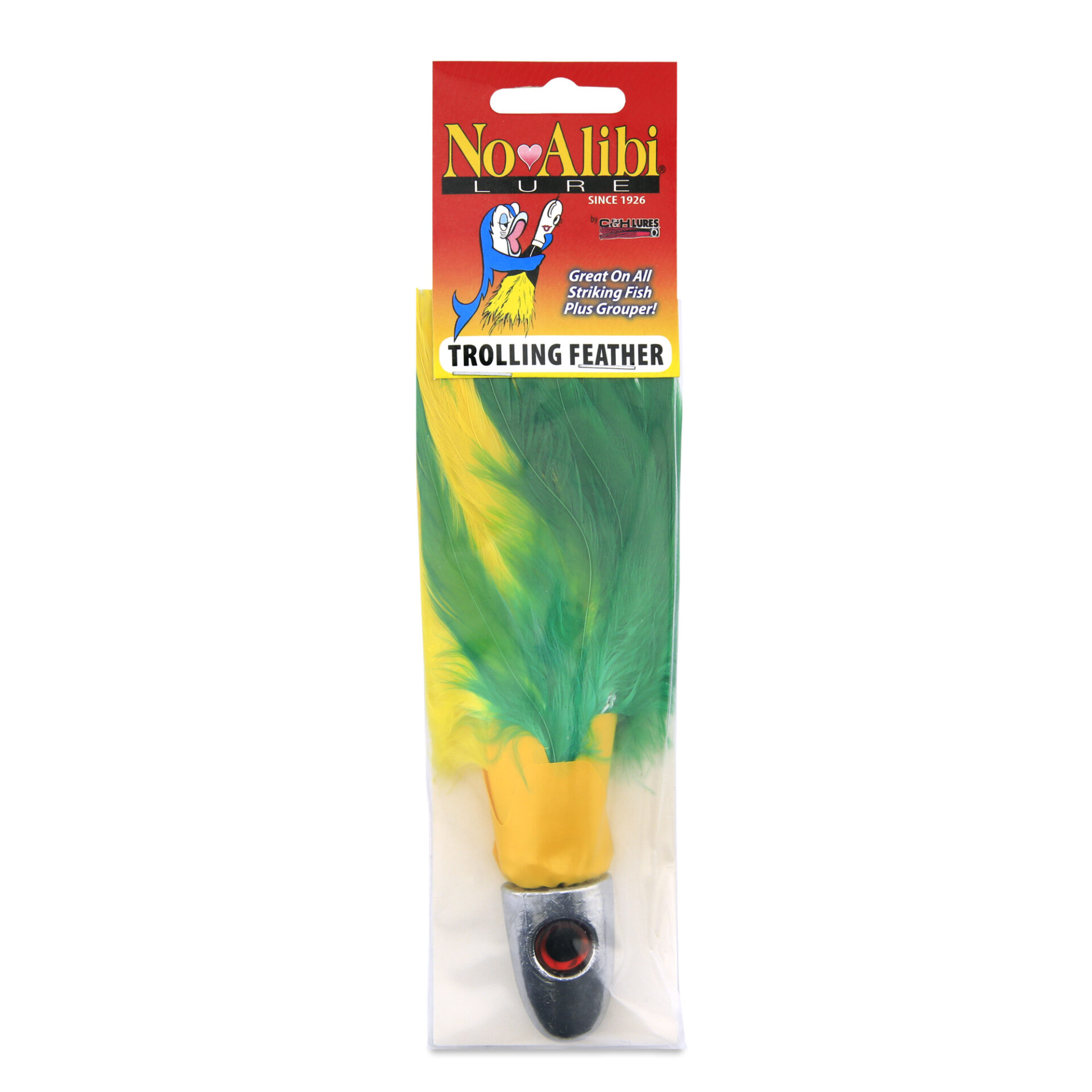 No Alibi, Trolling Feather Lure, Yellow/Green Skirt, 4 oz / 113 g Head - Image 2