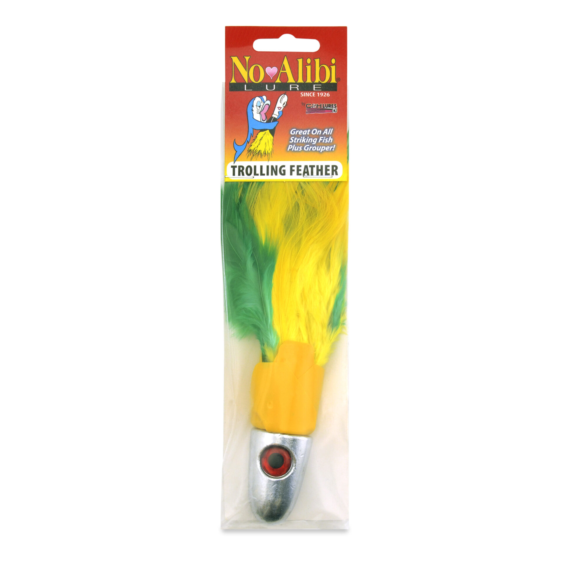 No Alibi, Trolling Feather Lure, Yellow/Green Skirt, 6 oz / 170 g Head - Image 2