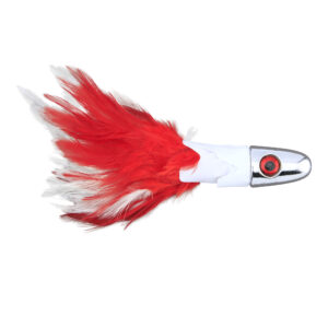 No Alibi, Trolling Feather Lure, White/Red Skirt, 6 oz / 170 g Head