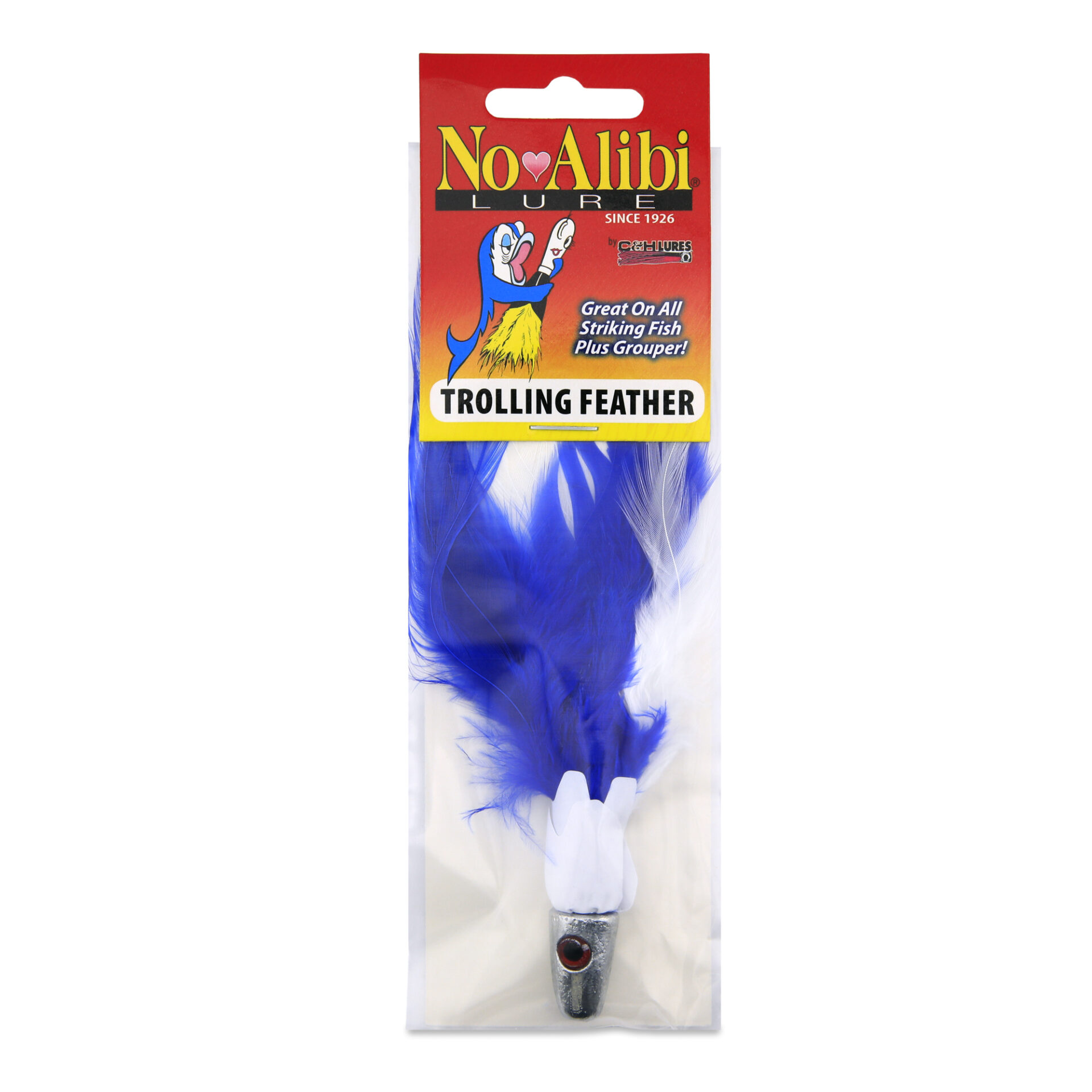 No Alibi, Trolling Feather Lure, White/Blue Skirt, 1 oz / 28.3 g Head - Image 2