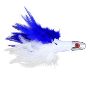 No Alibi, Trolling Feather Lure, White/Blue Skirt, 2 oz / 56.6 g Head