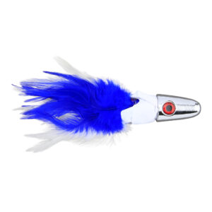 No Alibi, Trolling Feather Lure, White/Blue Skirt, 8 oz / 226 g Head