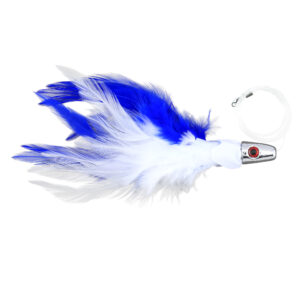 No Alibi,Trolling Feather Rigged & Ready, White/Blue Skirt, 1 oz / 28.3 g, 7/0 Mustad Hook, AFW Swivel, 100 lb / 45.3 kg Grand Slam Mono Line, 6 ft / 1.8 m