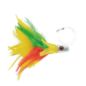 No Alibi,Trolling Feather Rigged & Ready, Yellow/Red/Green Skirt, 1/2 oz / 14.1 g Head, 7/0 Mustad Hook, AFW Swivel, 100 lb / 45.3 kg Grand Slam Mono Line, 6 ft / 1.8 m