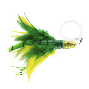 No Alibi Pro, Trolling Feather Rigged & Ready, Yellow/Green Skirt, 2 oz / 56.6 g Head, 7/0 Mustad Hook, AFW Swivel, 100 lb / 45.3 kg Grand Slam Mono Line, 6 ft / 1.8 m