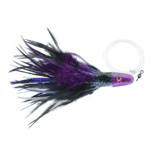 No Alibi Pro, Trolling Feather Rigged & Ready, Black/Purple Skirt, 2 oz / 56.6 g Head, 7/0 Mustad Hook, AFW Swivel, 100 lb / 45.3 kg Grand Slam Mono Line, 6 ft / 1.8 m