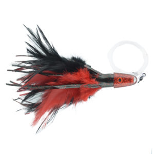 No Alibi Pro, Trolling Feather Rigged & Ready, Black/Red Skirt, 1 oz / 28.3 g Head, 7/0 Mustad Hook, AFW Swivel, 100 lb / 45.3 kg Grand Slam Mono Line, 6 ft / 1.8 m