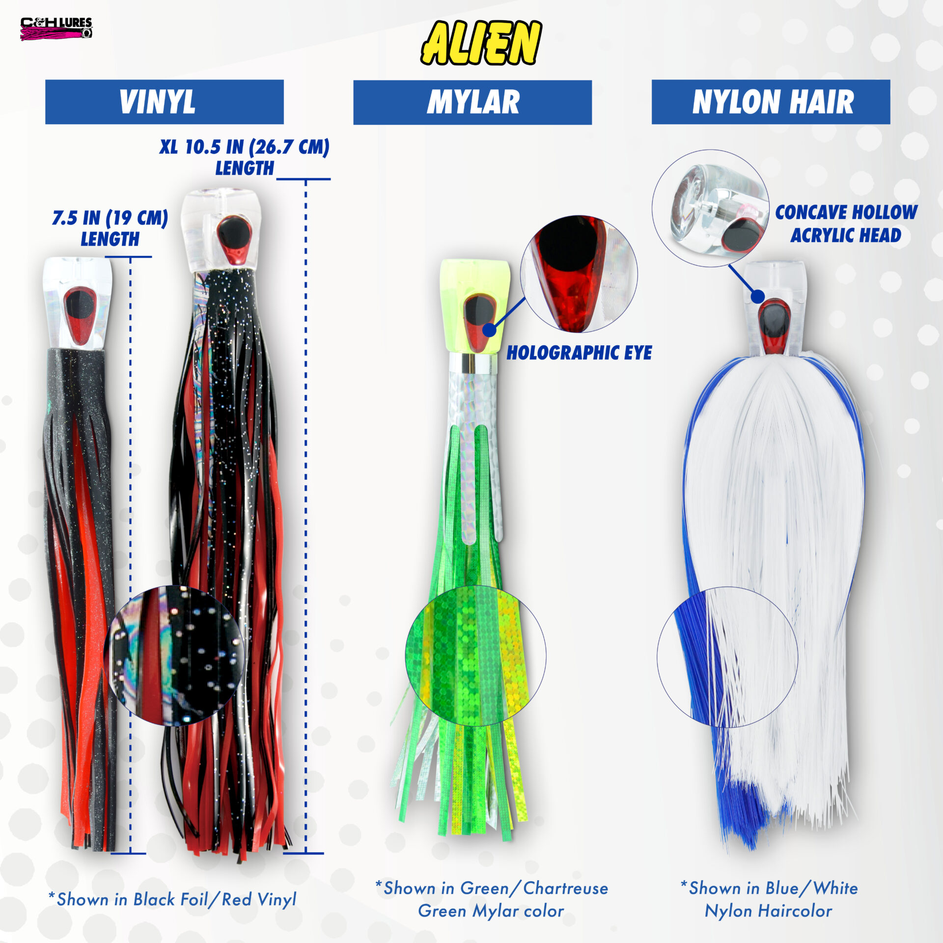 C&H, Alien Lure, Purple/White Belly Vinyl Skirt, Concave Head, Hologram Eye, 7.5 in / 19.0 cm - Image 3