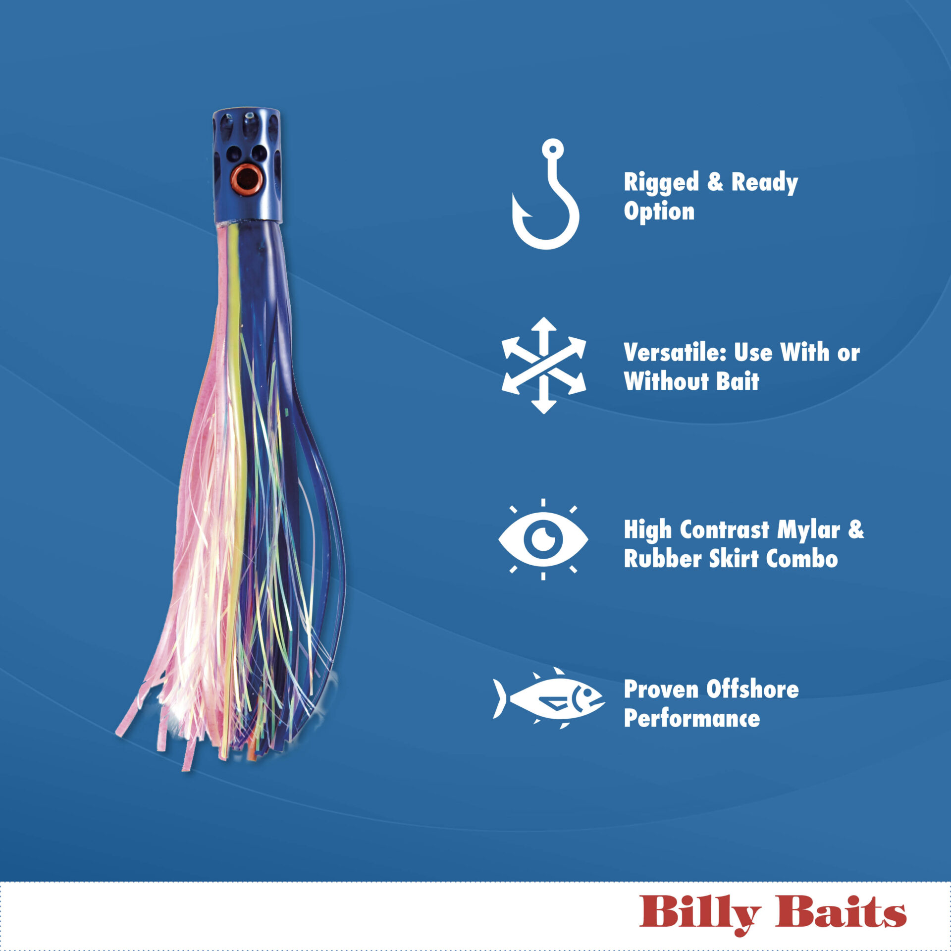 Billy Baits, Magnum Turbo Whistler Rigged & Ready, Blue/Pink/Pearl Skirt, 2 oz / 56.6 g Head, 7/0 Mustad Hook, AFW Swivel, 100 lb / 45.3 kg Grand Slam Mono Line, 6 ft / 1.8 m - Image 6