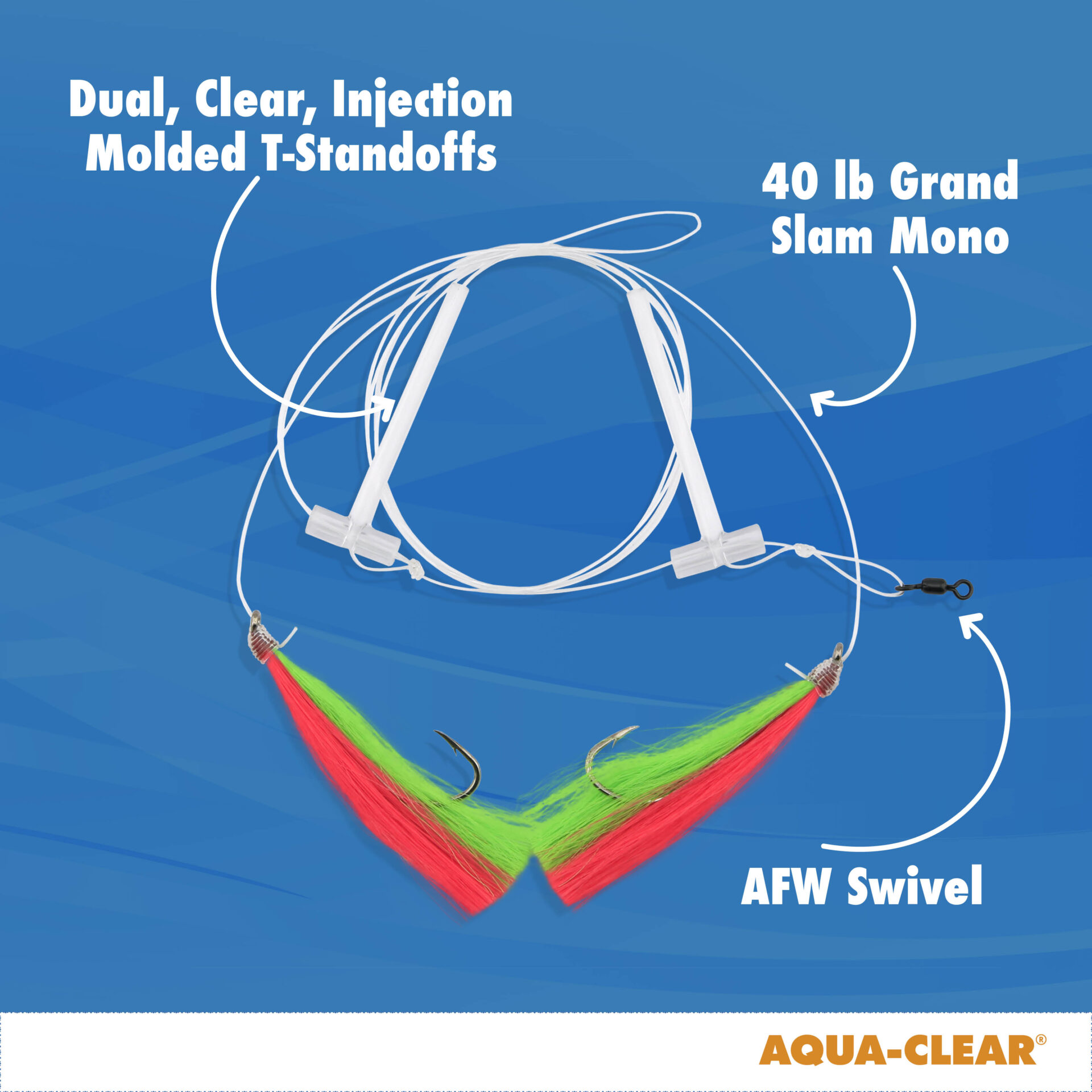 Aqua-Clear, Hi-Lo Mixed Color Hair Teaser Rig, Flounder/Fluke/SeaTrout/Croaker, 3/0 Nickel Octo Hook, AFW Swivel, 40 lb / 18.1 kg GS Mono, T-Standoff, Green & Chartreuse Hair - Image 7
