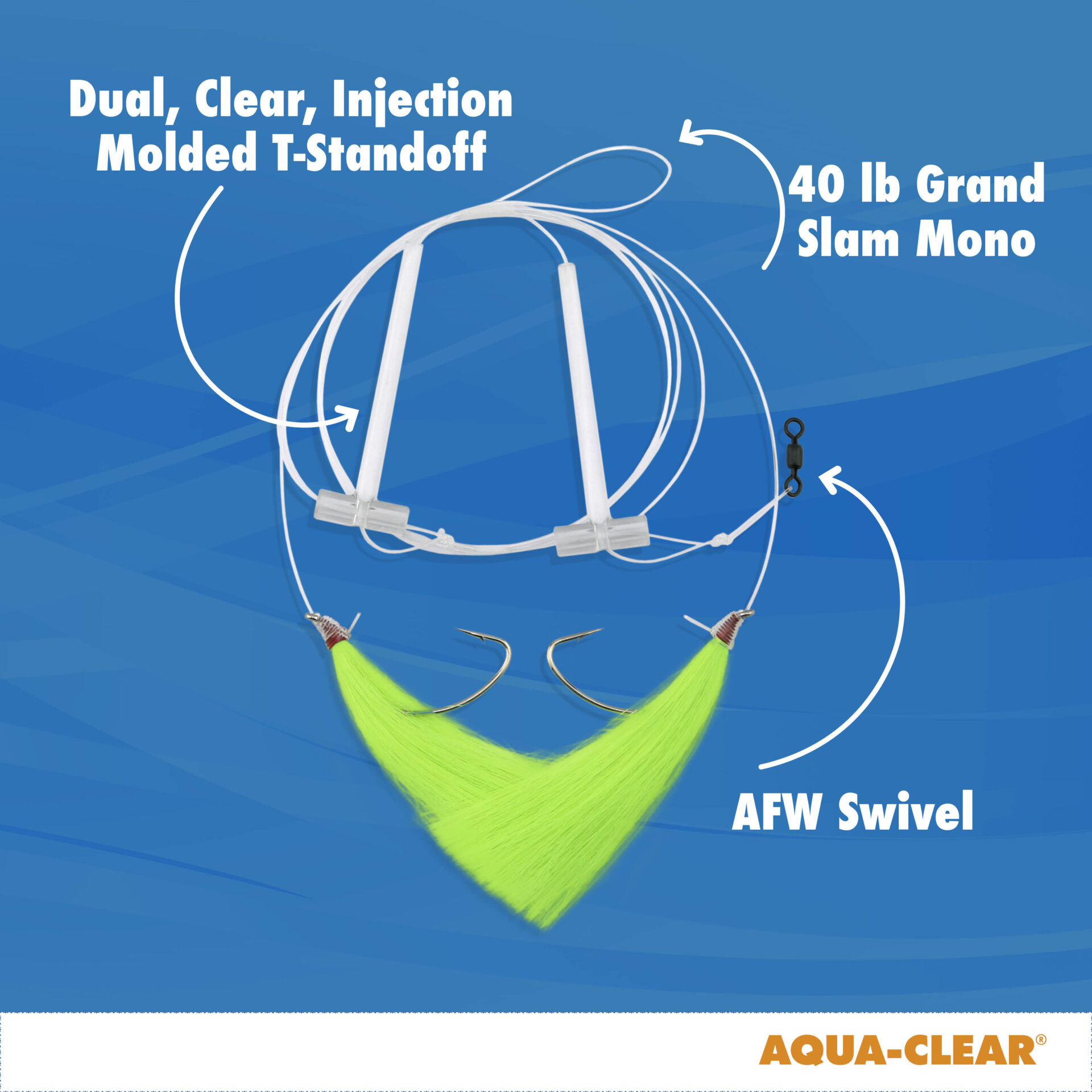 Aqua-Clear, Hi-Lo Solid Color Hair Teaser Rig, Flounder/Fluke/SeaTrout/Weakfish/Croaker, 3/0 Nickel Octopus Hook, AFW Swivel, 40 lb / 18.1 kg GS Mono, T-Standoff, Orange Hair - Image 6