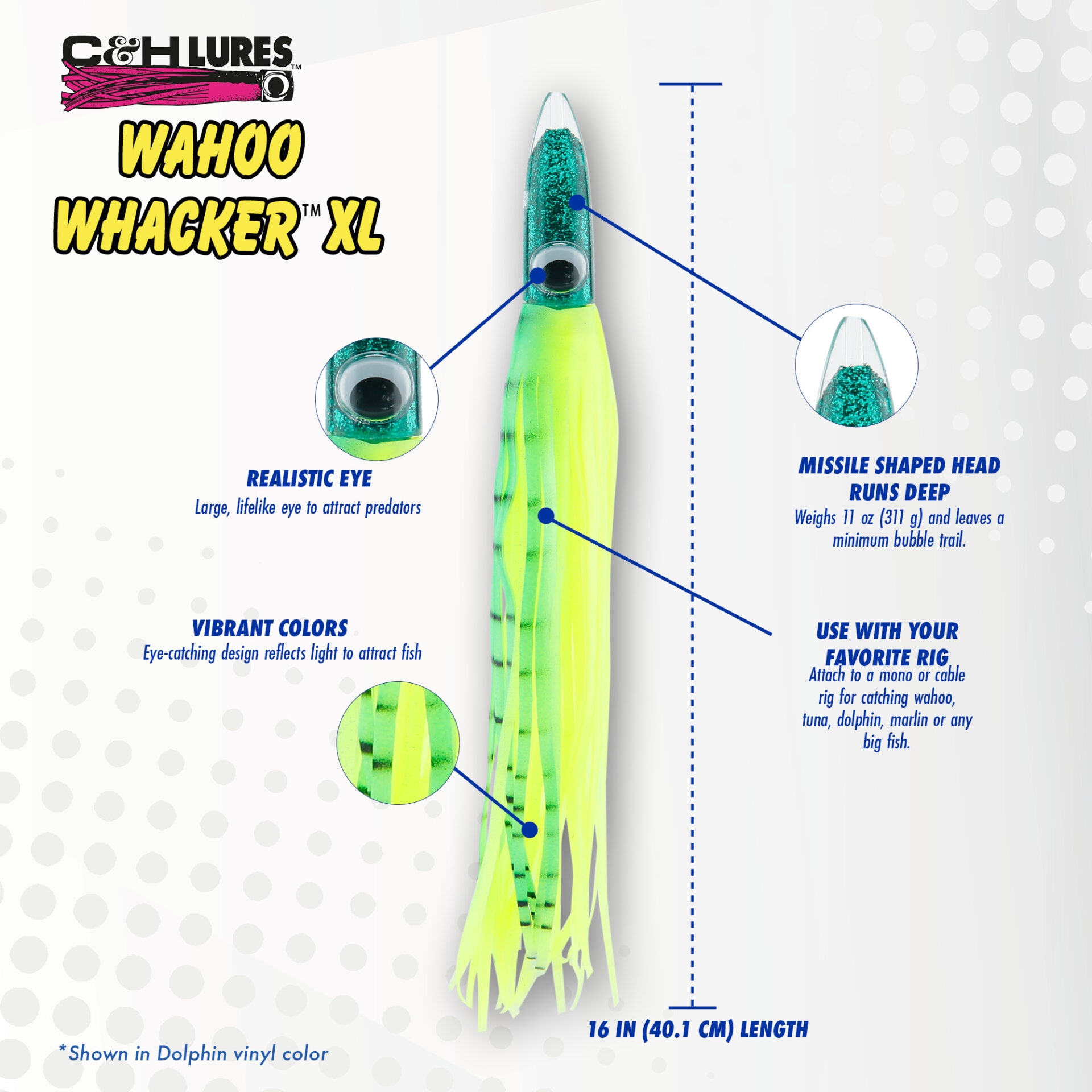 C&H, Wahoo Whacker XL, Dolphin Skirt, 11 oz / 311 g 16 in / 40.6 cm - Image 5
