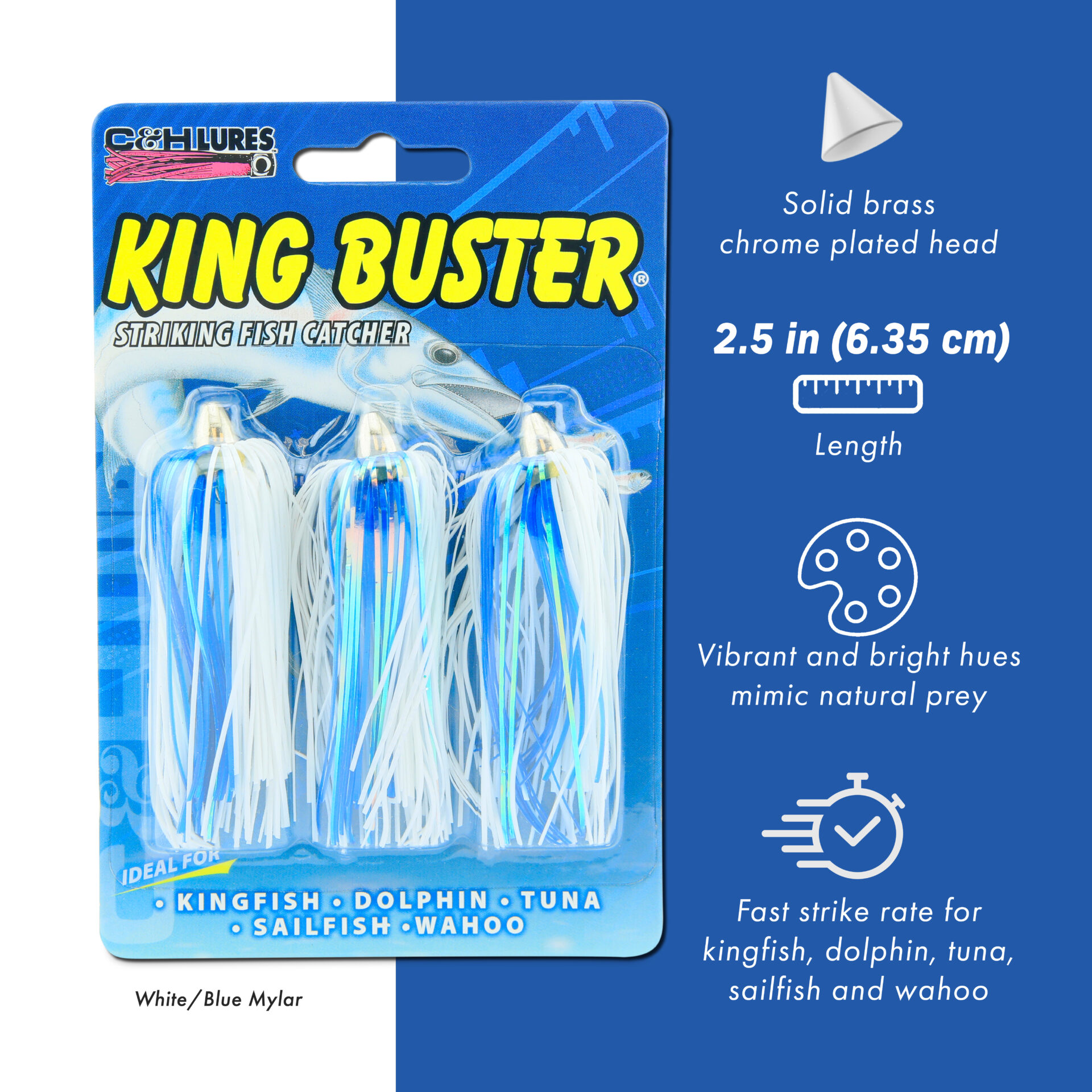 C&H, King Buster Lure, Blue/Chartreuse/Silver Skirt, 1/8 oz / 3.5 g Head, 2.5 in / 6.35 cm, 100 pc - Image 2