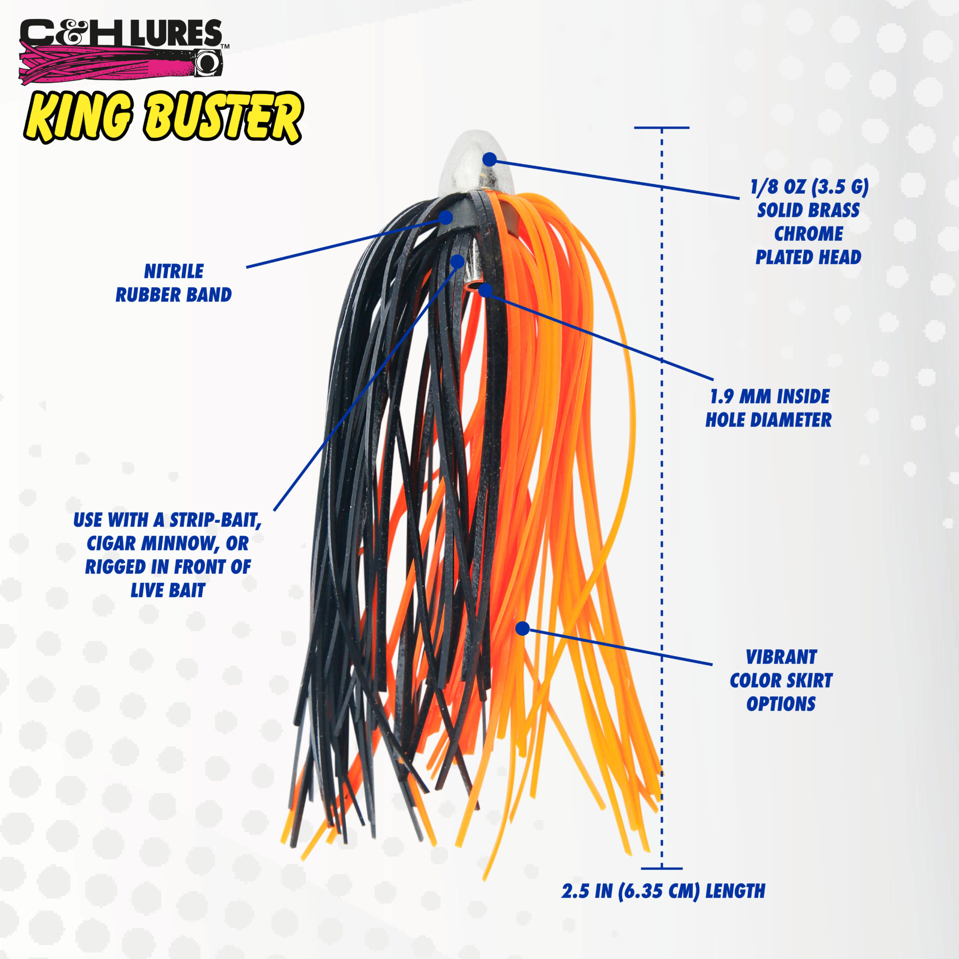 C&H, King Buster Lure, Blue/Chartreuse/Silver Skirt, 1/8 oz / 3.5 g Head, 2.5 in / 6.35 cm, 100 pc - Image 3