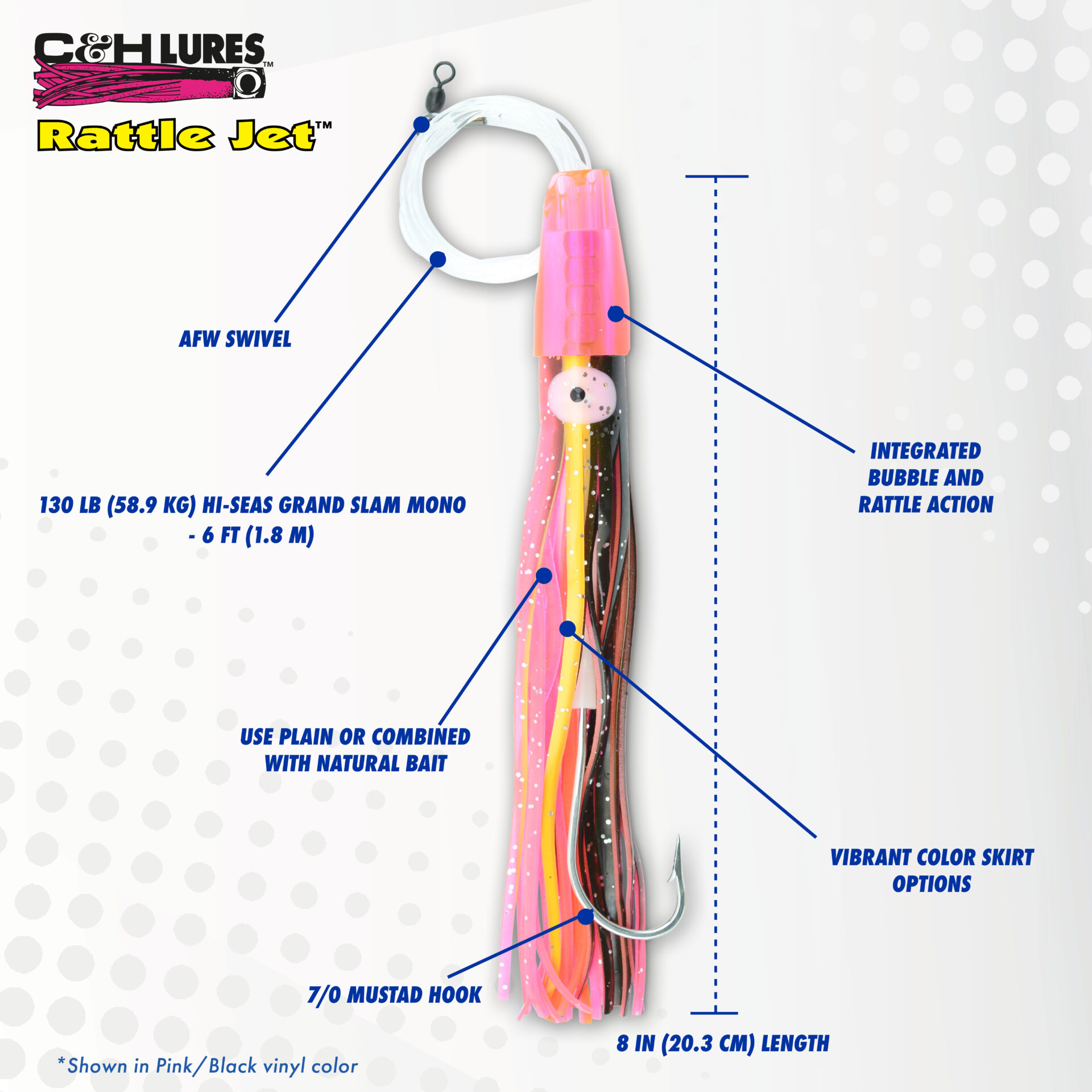 C&H, Rattle Jet XL Rigged & Ready, Green/Yellow Skirt, 8/0 Mustad Hook, AFW Swivel, 130 lb / 58.9 kg Grand Slam Mono Line, 6 ft / 1.8 m - Image 4